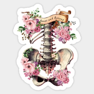 Bones and botany, ribcage full of pink flowers, roses and leaves, Anatomy Art,, thoracicy, black and white, leaves anatomy Ribcage, rib cage, anatomy skeleton Sticker